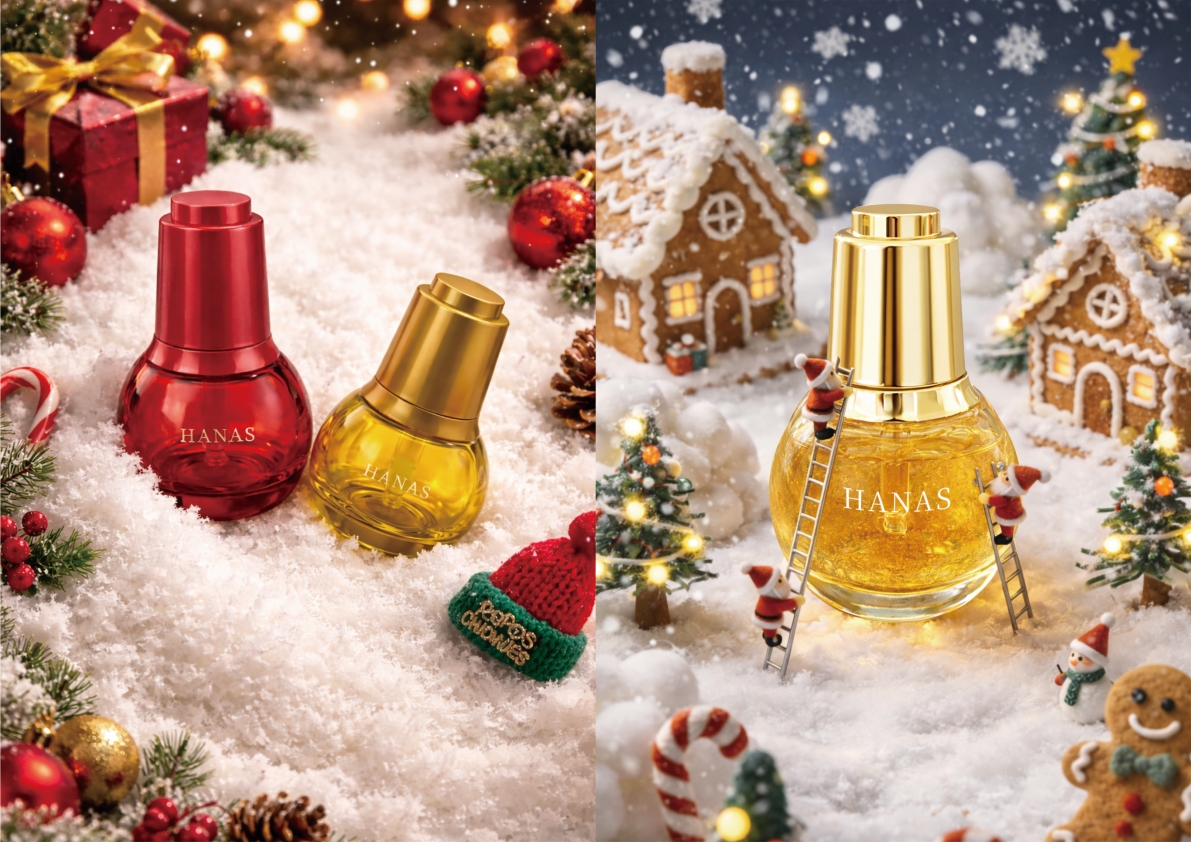 Custom glass dropper bottle packaging for skincare serums, gold and red cosmetic dropper bottles in Christmas holiday setting